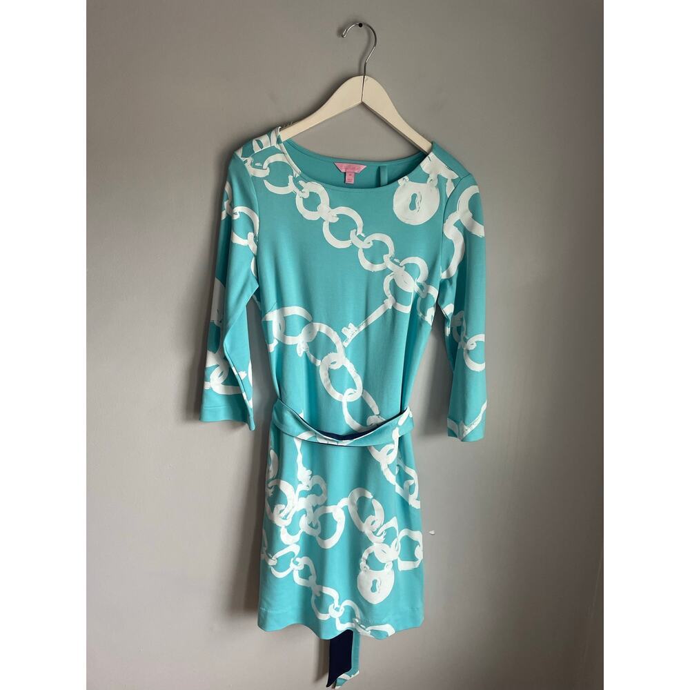 Lilly Pulitzer Johan Dress in Aqua Blue White Chain Posh Ponte Shorely Size M